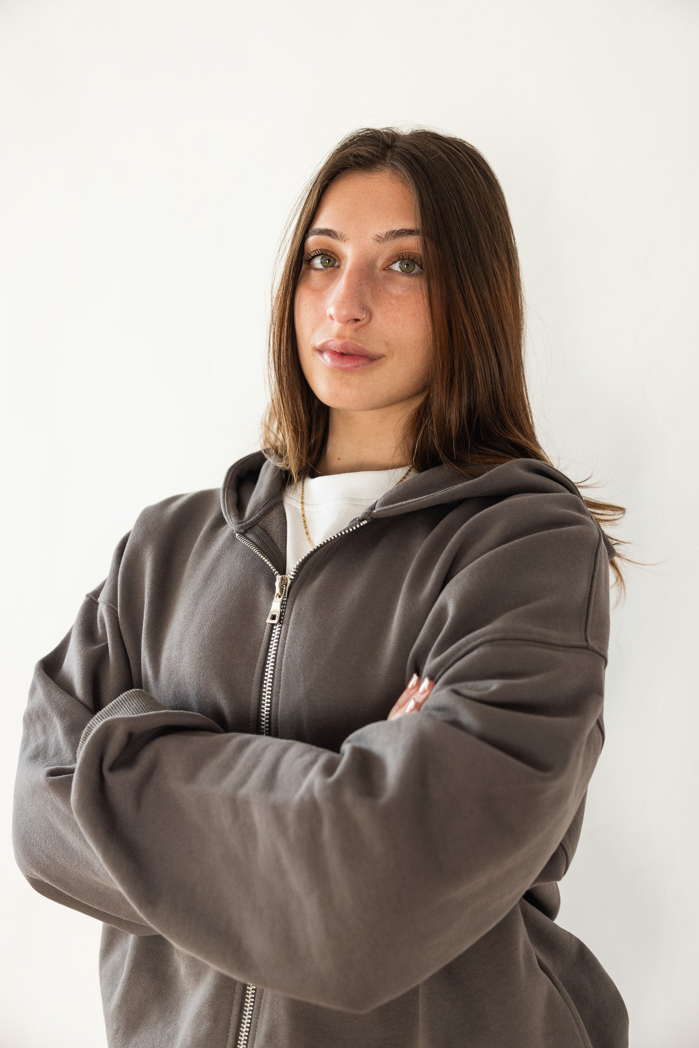 French Terry Double Zip Up - Dark Grey