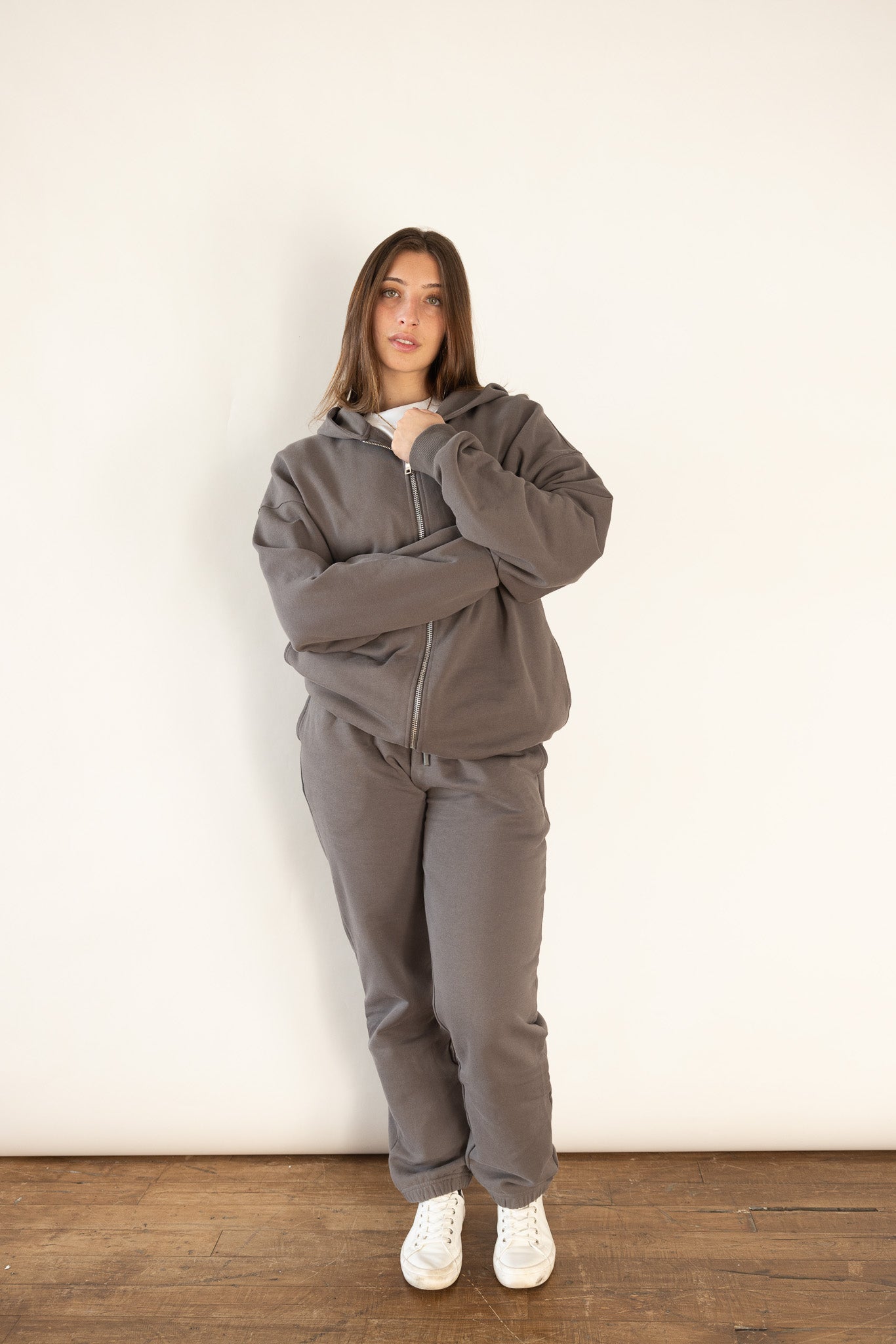 French Terry Double Zip Up - Dark Grey