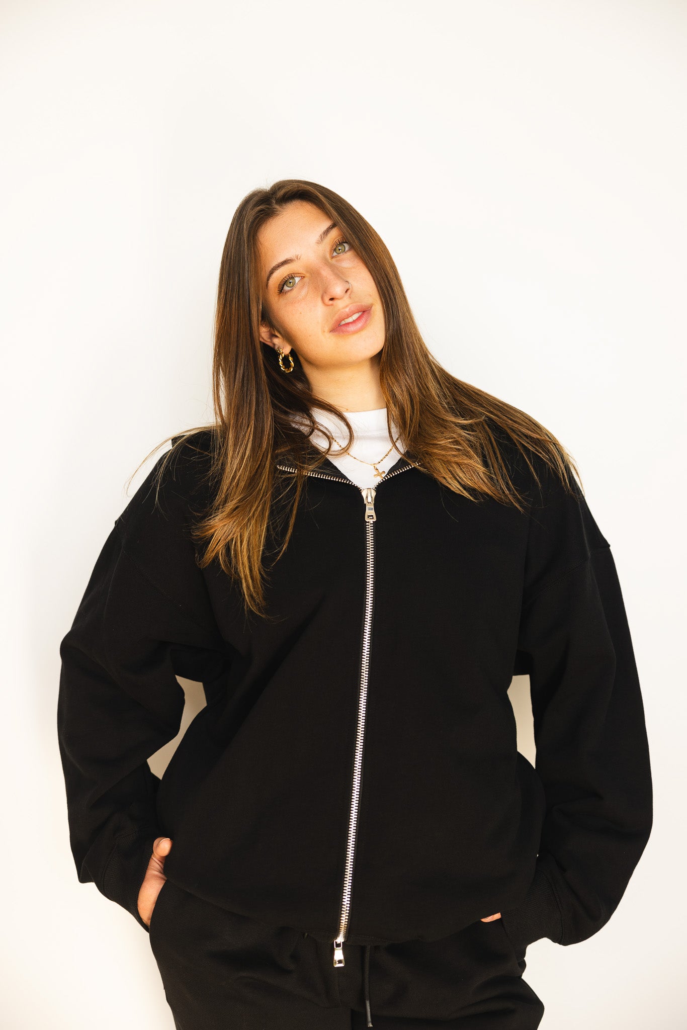 French Terry Double Zip Up - Black