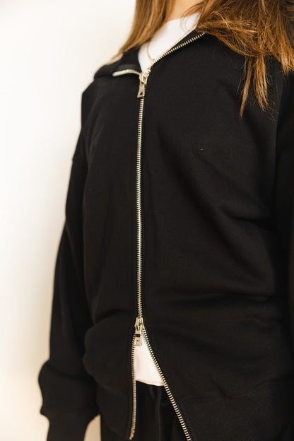 French Terry Double Zip Up - Black