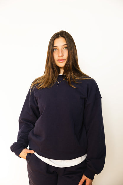 French Terry Crewneck Sweatshirt  - Navy