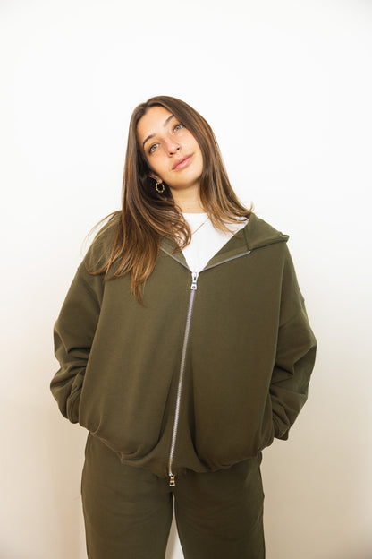 French Terry Double Zip Up - Olive