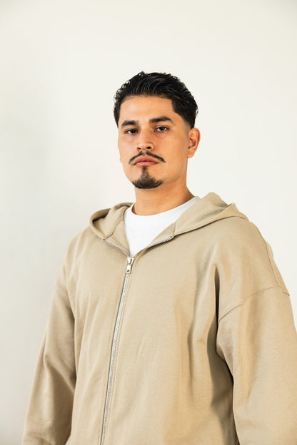 French Terry Double Zip Up - Khaki