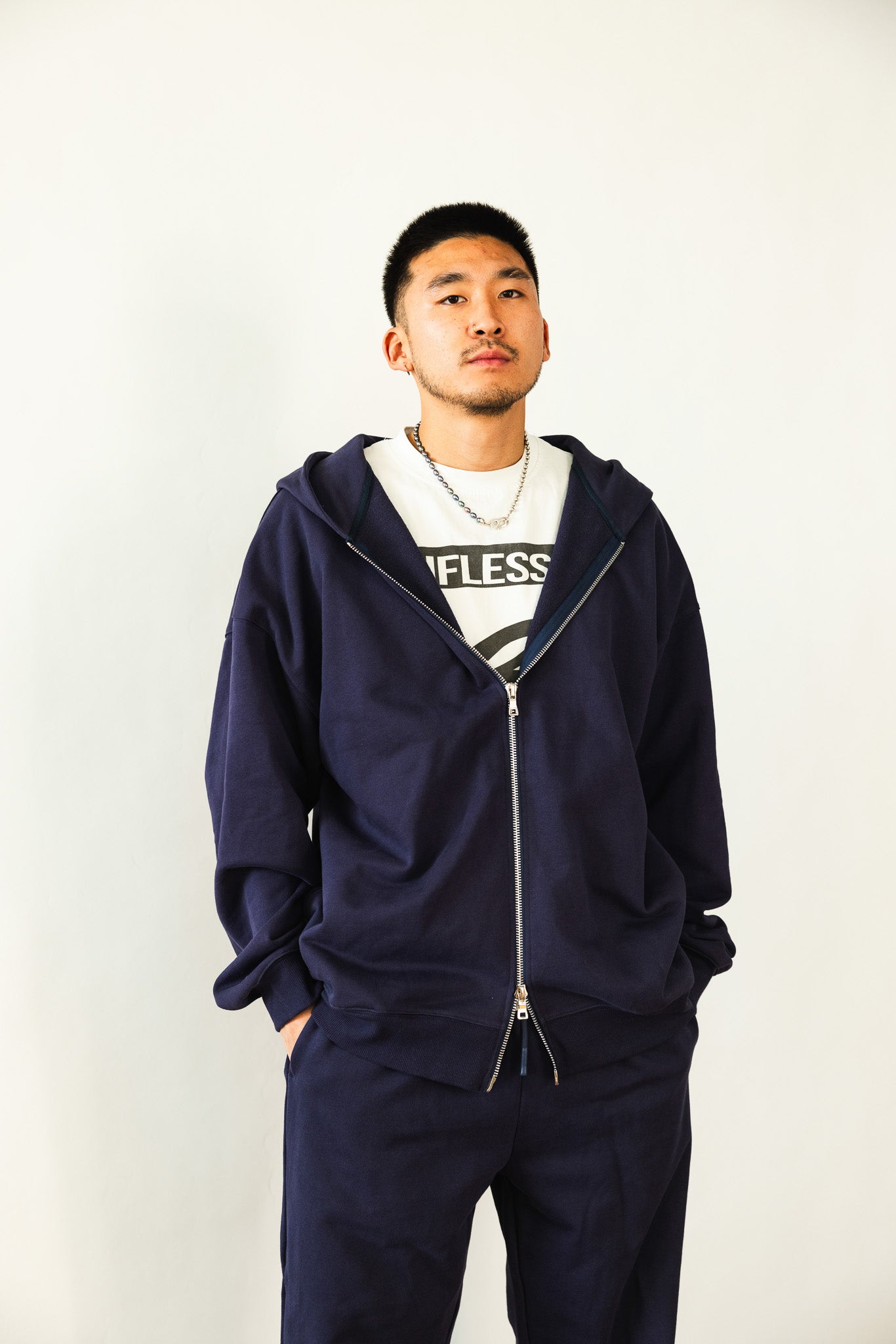 French Terry Double Zip Up - Navy