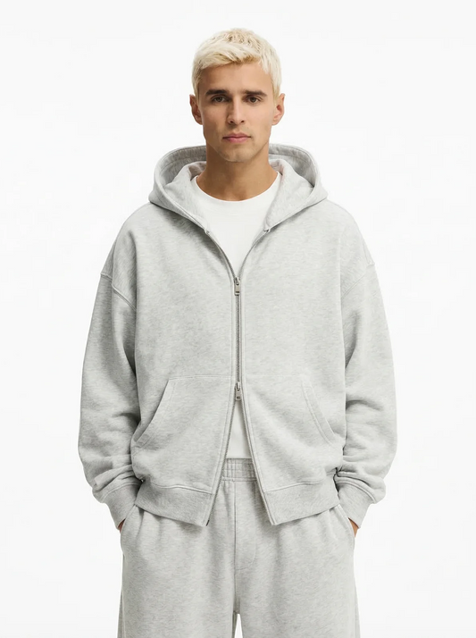 Men's Cotton Fleece Double-Zip Hoodie Wide-Leg Set - Heather Grey