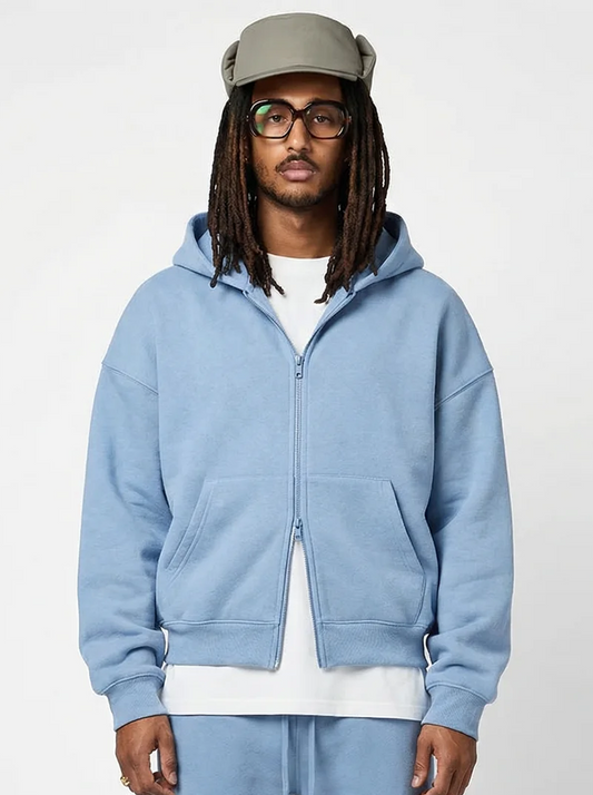 Men's Cotton Fleece Double-Zip Hoodie Wide-Leg Set - Smokey Blue