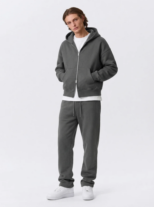 Men's Cotton Fleece Double-Zip Hoodie Wide-Leg Set - Dark Grey