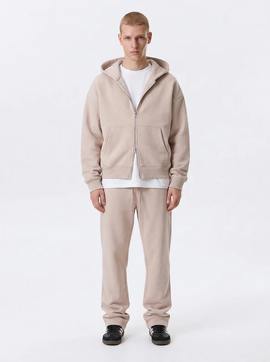 Men's Cotton Fleece Double-Zip Hoodie Wide-Leg Set - Cream