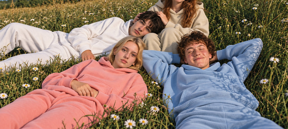 Friends in French Terry sets lying in a meadow